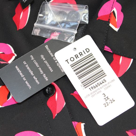 Torrid Plus Size 3X‎ Lizzie Georgette Button Front Blouse Lips Black Pink Red - Picture 7 of 9